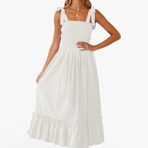 Amazon White Tie-Shoulder Smocked Bodice Maxi Dress NWT